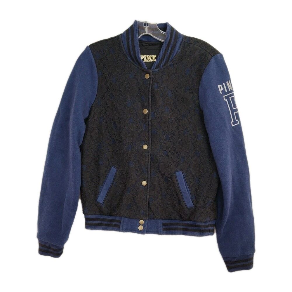 Victoria's Secret PINK Snap-Up Jacket Women's S Blue w/ Black Lace Long Sleeves